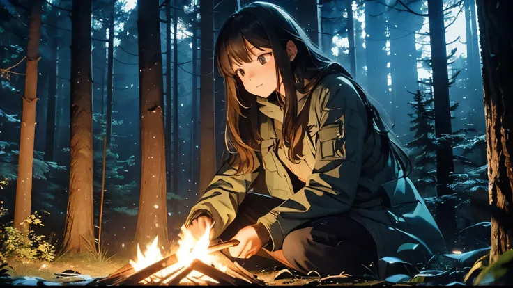 Deep in the forest at night、On a starry sky background、A slightly worn young, long-haired female hunter sits in the center。 resting quietly while warming up in front of a bonfire 、Photorealistic drawing。」