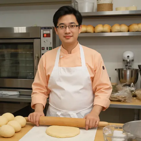 Hyper realistic professional photographer image of an Indonesian male, 42 years old, wearing glasses as well as peach colored chef attire & white apron, curvy body, short hair cut, sweet smiling facing forward, looks young & energetic. He is rolling dough ...