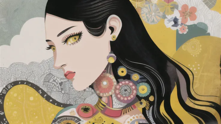 masterpiece, illustration of yellow art, in the style of grunge beauty, sandara tang, mixed patterns, charming character illustrations, folkloric , minimalis