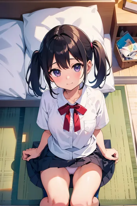  elementary school  toddler lying down with legs open, flat chest, black hair, shorts, twin tails, purple eyes 　smile（（One person））Upper body black short sleeve t-shirt lower body light blue pleated skirt 　 white panties white socks 　（（ can see her panties...