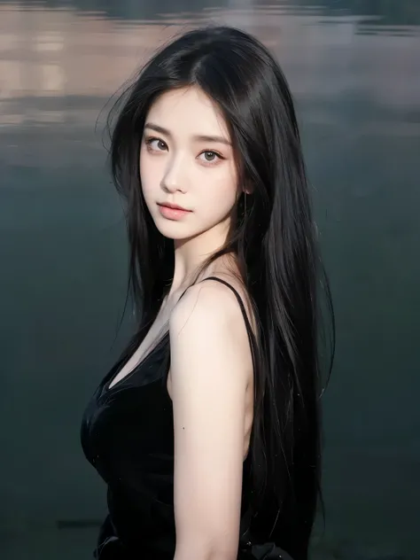 Middle-parted bangs and long straight hair，Hair dark brown，Natural and beautiful hair，Background simple and clean beautiful lakeside