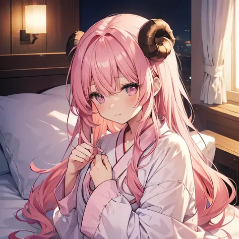 “An anime-style close-up illustration of ‘Fua-chan’ getting ready for bed, surrounded by the cozy atmosphere of her bedroom. Fua-chan has long pink hair styled in soft curls resembling sheep’s horns, slightly tousled for a relaxed, bedtime look. Her pink e...