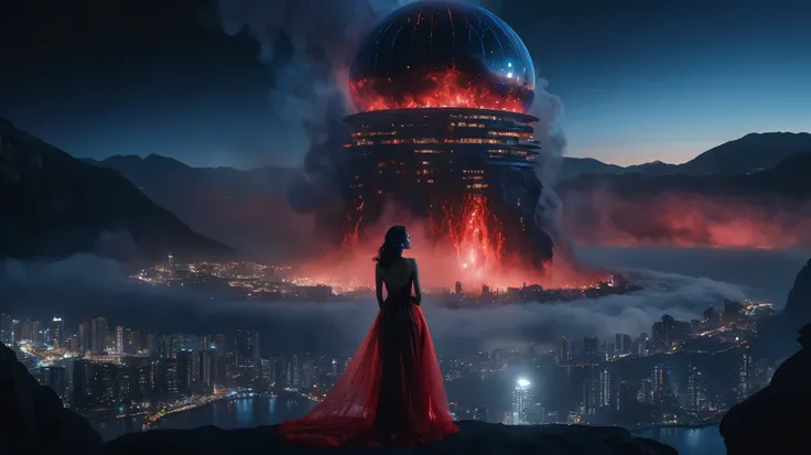 Back side photo of a super sexy ghost lady in a smoke who is seeing a stunning red-blue mountains and wild, rounded biggest building world and sea in a black hole, standing at a top place, at night time, stunning photo, realistic cinematic style, 4k ultra ...