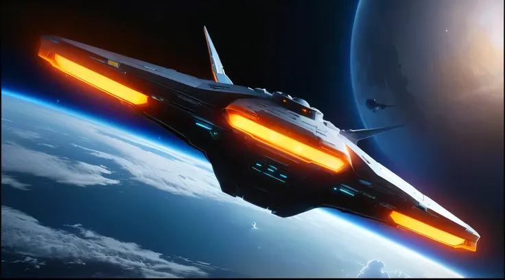 spaceship flying over the earth with a bright orange light, spaceship flies in the distance, space ship in space, alien space ship flying in space, spaceship in space, futuristic starship, n