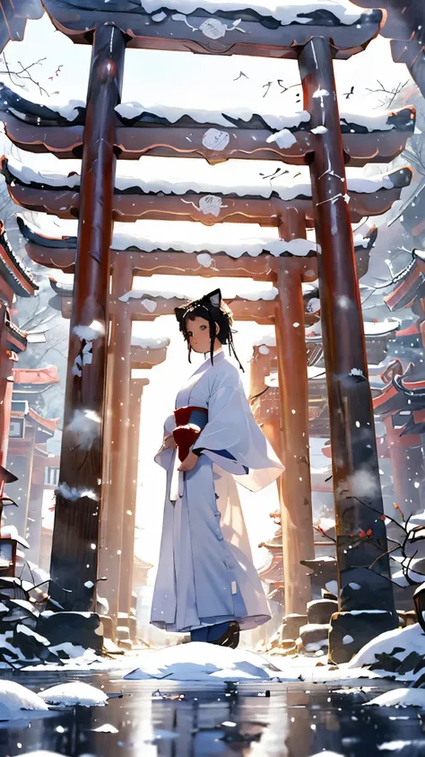 ((masterpiece:1.2)), (( top quality :1.2)),  1 Shinto Shrine Maiden((Cat ears, (Priestess Outfit :1.3), Tied black hair, (blue shining eyes:1.2), [Cat ears:1.4])), (gentle eyes and face ), (snowの積もった鳥居の後ろで美しい1匹の白蛇がいる:1.3), (snowの積もった石階段を降りて歩いている:1.5), ((wh...