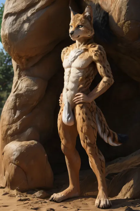 male anthropomorphic lynxman, au naturell, short fur, sexy posture, photorealistic, very high detail, realistic texture, anatomically correct male body, view from ground up, showing penis, teasing viewer, no panties