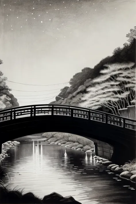 水ink画　Brush Art 　 black and white　Kyoto　bridge　 night view　ink　Japanese Style　 Calming Artwork 　 Fascinating Scenes　 landscape painting　Sesshu　