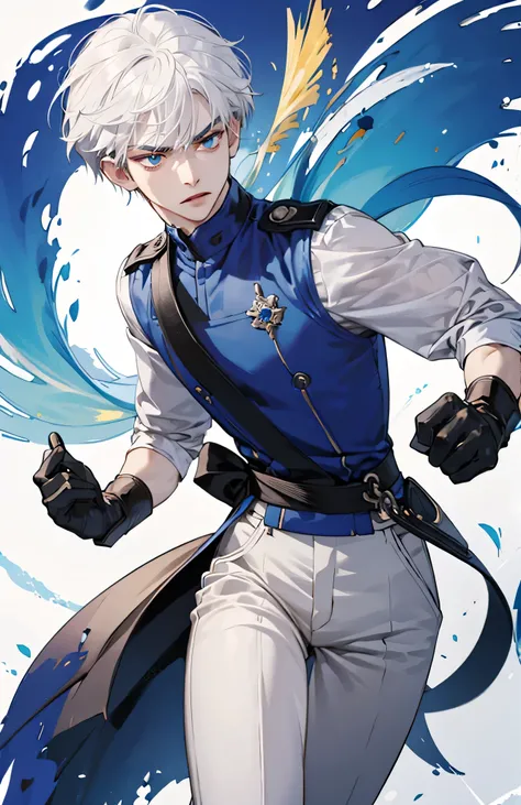 White Hair、 short hair、White eyebrows、masculinized chest 、 flat bust 、Hero、adventure、 boots、 skinny pants、Light blue clothes、 white pants 、Turn away、 one woman、 Black Leather Gloves、 blue-white skin、 Light Blue Eyes 、Real Anime Skin 、Intimidating look、Angr...