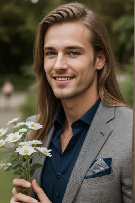 best quality, clear quality, high quality, 4K, very detailed face, detailed fingers, german man, blond long hair, man, detailed eyes, sexy posing, wearing suit, holding flowers, smile, posing in the evening park