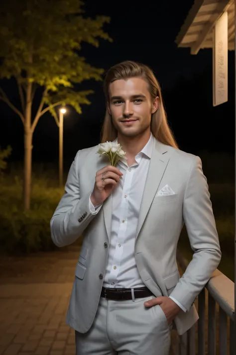 best quality, clear quality, high quality, 4K, very detailed face, detailed fingers, german man, blond long hair, man, detailed eyes, sexy posing, wearing suit, holding flowers, smirk, long distance view, posing in the night park