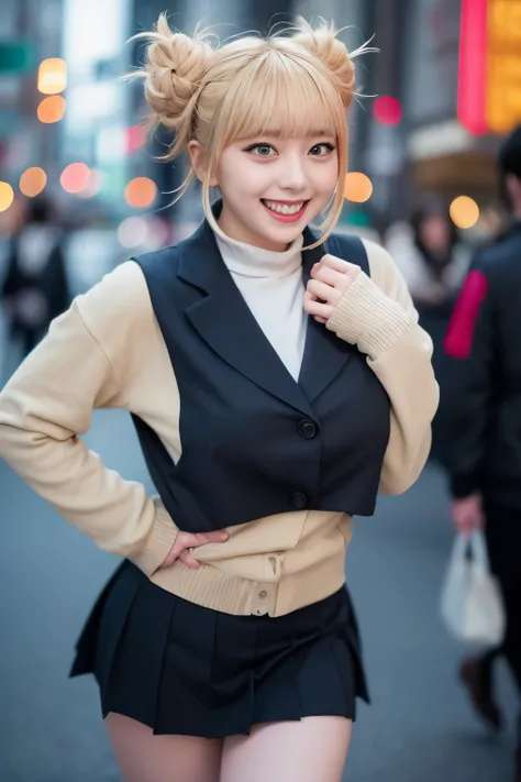 （（a blond、Himiko Toga、Dark eye shadow、Dark eyeliner、Patsun、Twin-tailed、Bun head、tthin eyebrows、Crazy smile、red blush、double tooth、Yellow Colorcon、Office Lady、Black Recruit Suit、white  shirt、Black tight skirt、Black stockings、high-heels））、、NSFW、8k、RAW Photog...