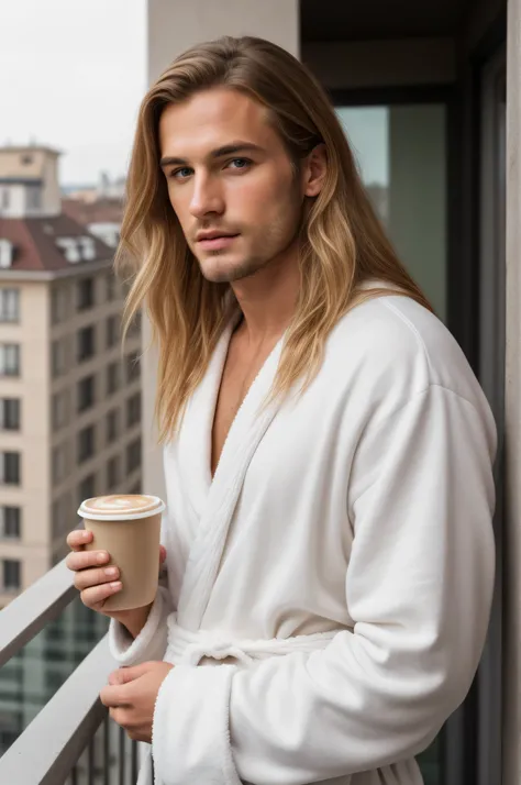 best quality, clear quality, high quality, 4K, very detailed face, detailed fingers, german man, blond long hair, man, detailed eyes, sexy posing, wearing bathrobe, drinking coffee on the balcony