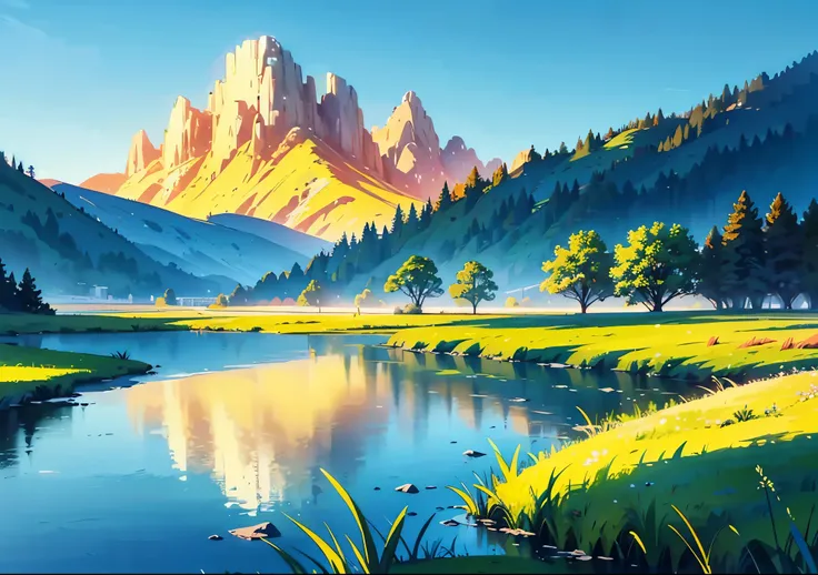 color illustration illustration of Big grass around the water body, a Grass standing on bank of a body of water, landscape illustration, lake background, detailed lake in background, a digital painting, small reeds behind lake, digital drawing, beautiful l...