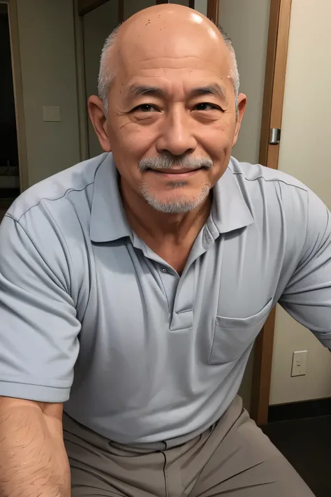 70 year old Japanese daddy 、Gray Hair、 Former veteran firefighter 、Wrinkles on the face、A persons good-looking smiles, strong、shirtless、His lower body is wearing work clothes 、Slightly bald 、Short stubble、 I have wrinkles on my skin、My skin is saggy 、Three...