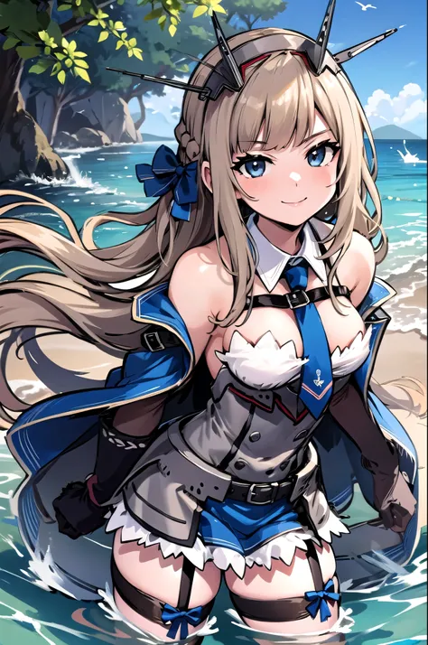 (masterpiece,  top quality :1.2),  cowboy shot, Alone,  1 girl, Maryland, smile,  watching viewers against a tropical island in the background,  playing in the water,  braided ,  low twin tail, hair bow,  headgear ,  gray dress ,  blue tie,  capelets,  thi...