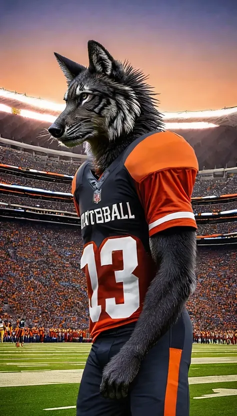 Furry Caballero    ,    anthropologist of Bengal tiger and Furry Caballero    ,    anthropologist of Black Wolf  ,  wearing things from American football ,   American football uniform ,  in an American football stadium ,  straight profile posture, watching...