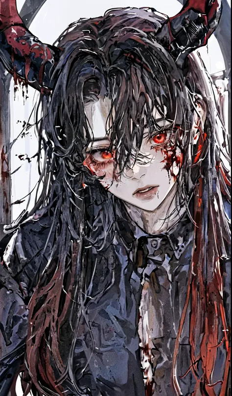 1 Woman,portraite, messy big hair, Bblack hair, red eyes, Beautiful Mouth, Caucasian skin, vampire appearance, demon horns , ousness, conine tooth, dark, seriousness, blood-stained