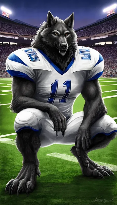 Furry Caballero    ,   anthropologist of black werewolf and Furry Caballero    ,   anthropologist of Blue werewolf , usando things de futbol americano,   American football uniform ,  in an American football stadium ,  straight profile posture, watching the...