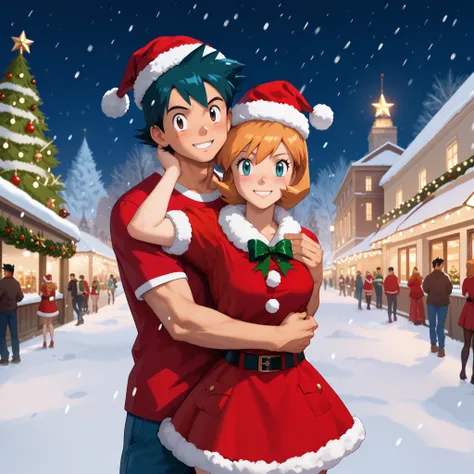 highly detailed, (couple), hetero, (duo focus), highres, 1man, 1woman, BREAK, 1man, ash ketchum, ashxyz, aged up, handsome boy, good looking boy, santa outfit, santa hat, hugging from behind, arms wrapped around girl, BREAK, 1woman, Misty_G, christmas outf...