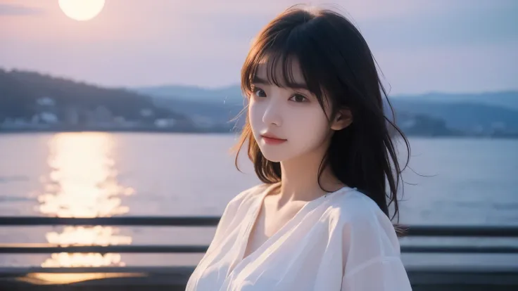 Best Quality,4K,8k,High resolution,masterpiece:1.2,Very detailed,A tired girl,length, Flowing black hair,Delicate features,thinking eyes,White skin,Happy expression,Great atmosphere、Wearing a shirt、Romantic atmosphere、Moonlit night and sea in the backgroun...