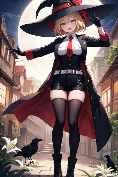 best quality, integrated scenery, integrated background, extremely delicate and beautiful, meticulous details, good composition, , cute face, perfect face, perfect hands,masterpiece, best quality, witch hat, black gloves, thighhighs, looking at viewer, smi...