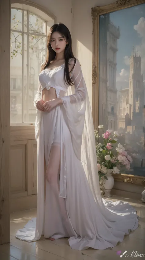 Beautiful Asian woman, white silk long dress, in art gallery 