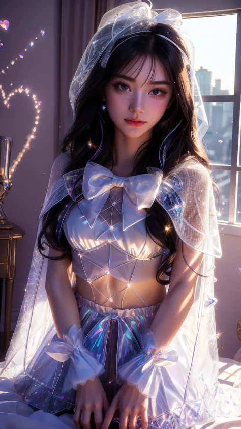 4K, UHD, masterpiece, Best quality, 1 girl, detailed face, detailed eyes, realistic Eyelid, Kda, Alone, very Long hair, small breasts, (white sparkle ribbon), ((mesh ribbon)), ((ribbon cape)), in the bedroom, looking at viewer, Multicolored glowing crystal...