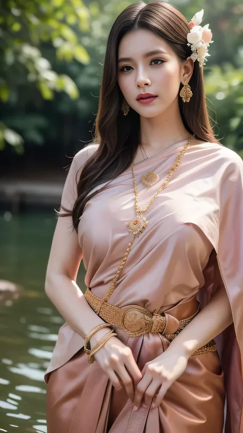 (raw photos:1.2), (realistic:1.4), (Masterpiece:1.3), (best quality:1.4), Ultra high resolution, (Detailed eyes), (Detailed facial features), (Detailed clothing features), HDR, 8K resolution, Focus only, Dressing according to Thai pink tradition, tradition...