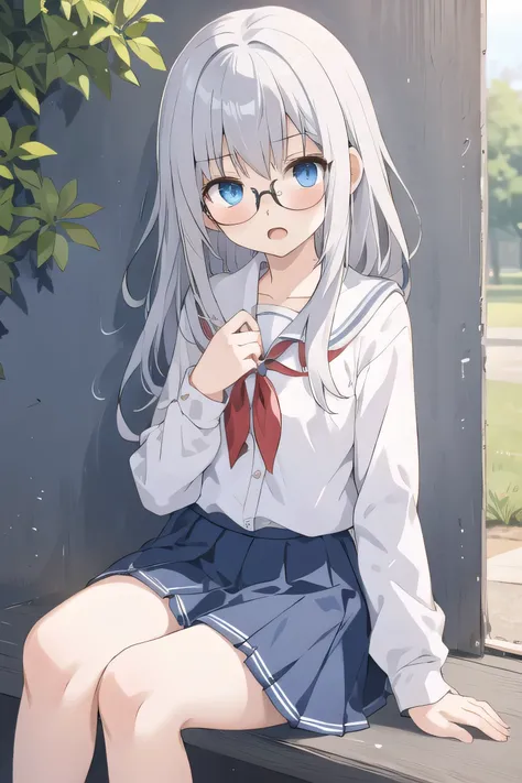 cute girl, anime, silver hair, straight hair, blue eyes, (young:1.3), (Small Bust :0.9), (cute:1.3), (middle bust:0.7), (cute girl:1.2), cowboy shot, cute, (slender:1.4), open mouth, shy, side shot, Glasses, cute, sit down, white school uniform, dark blue ...