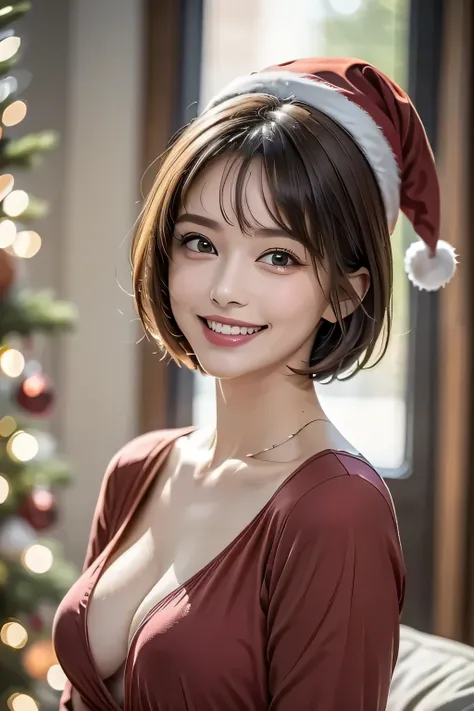 ((1. Ultimate beauty)), mature, beautiful face, brown eyes, detailed lips, beautiful eyes, down to the last detail, double eyelids, has long eyelashes, (Big Breasts), (curve), (Grin), seductive gaze, (brunette pixie cut), (Santa Claus Costumes and hat), (b...