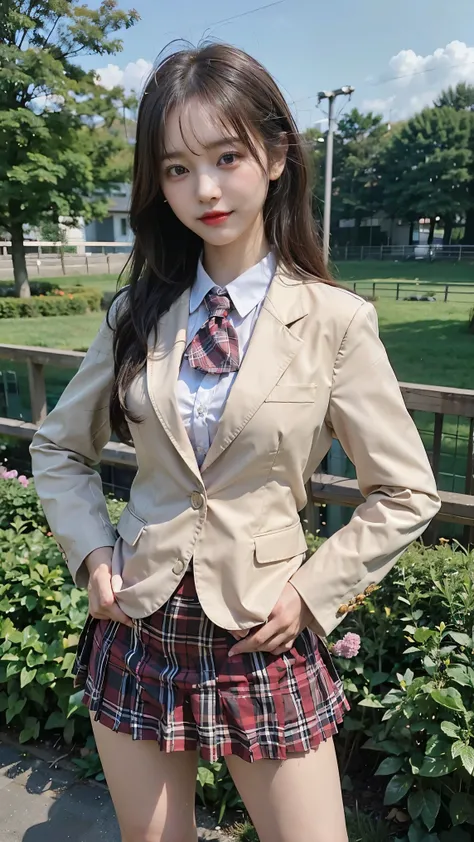 (8k、RAW Photos、Highest quality、masterpiece:1.2)、(Realistic、Realistic)、1 person、((tartan Check pattern mini skirt、school uniforms, blazer、garden、Breast enlargement,Thin legs、View from the front、Looking into the camera、Stand with hands on hips))、cute, (mediu...