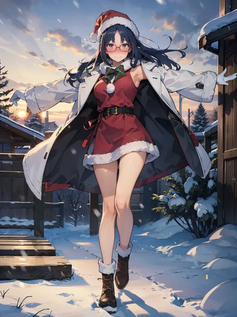 anime - style illustration of a woman in a christmas Santa costume:1.5, long white duffle coat, anime character, official character art, feminine, full body, female anime girl, Posing:1.5, parted bangs, glasses, (tanned:1.0), hopping step:1.5, looking at v...