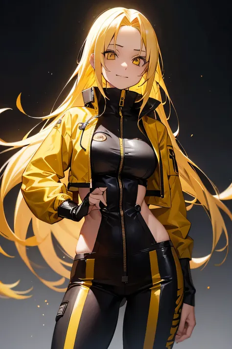 yellow hair, golden eyes,  height 165 cm , there is one ,  wearing a yellow jumpsuit with black stripes on her hips, forehead bandage with Konoha protector from the Naruto anime, you can see a smile on her face 