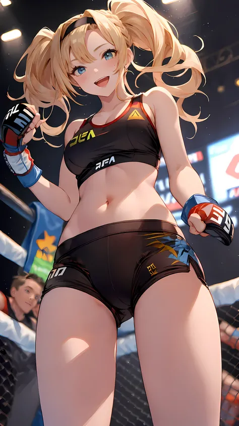 zetadef, braid, hair intakes, twintails, hairband,
Detailed eyes,(wearing sports wear:1.5, bare thigh), Her slim legs are really cute.,Very beautiful long legs, Perfect body,(Independent),(on MMA Arena :1.5), naughty smile, open mouth, Toned stomach,Ultra ...