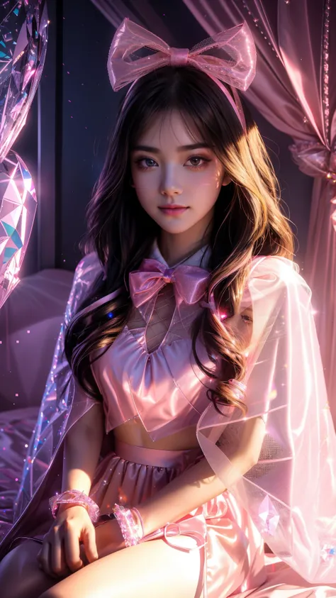 4K, UHD, masterpiece, Best quality, 1 girl, detailed face, detailed eyes, realistic Eyelid, Kda, Alone, very Long hair, small breasts, (pink sparkle ribbon), ((mesh ribbon)), ((ribbon cape)), in the bedroom, looking at viewer, Multicolored glowing crystals...