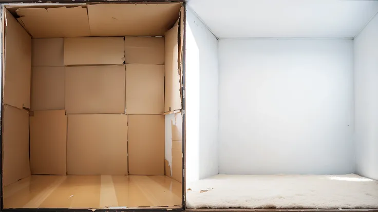 Two contrasting rooms side-by-side. On the left, an old, worn-out cardboard room with walls, floor, and ceiling made entirely of brown cardboard. The cardboard surfaces are creased, torn, and frayed, showing wear and tear, with rough, uneven textures and d...