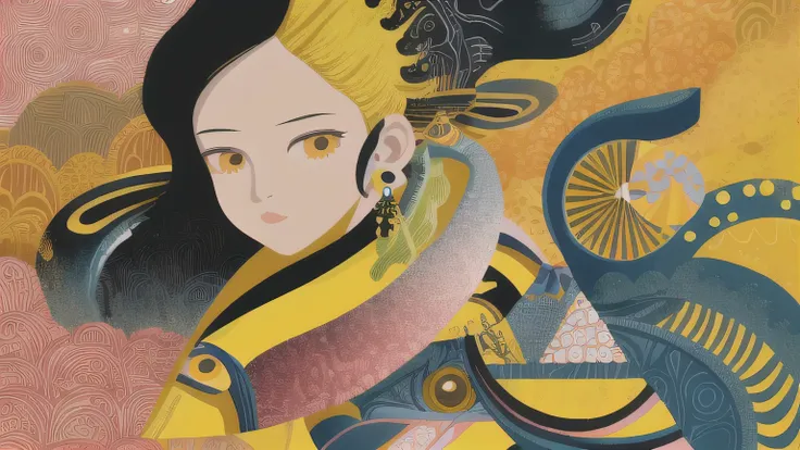 masterpiece, illustration of yellow art, in the style of grunge beauty, sandara tang, mixed patterns, charming character illustrations, folkloric , minimalis