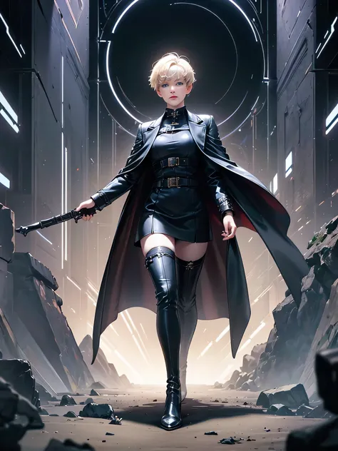 One female、Masculine Breasts 、 flat bust 、 short hair、Beige Hair、 boyish、 neutral 、Pistol、Turning away、 crosses legs、 penetrates 、Dark blue eyes、double、cool、assassin、 dark fantasy 、Near future、 Cyber Background 、Black leather long coat、 dark grey stockings...