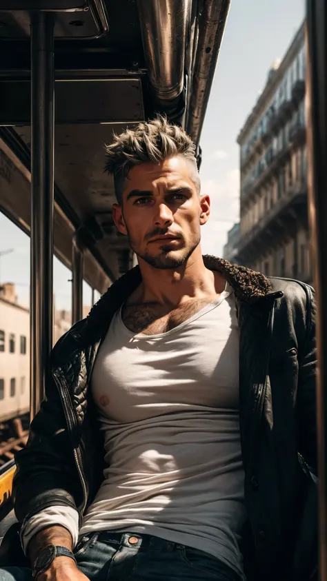 (Gray-white short hair! Fashionable short hair! Shaved on both sides)! The Rebel on the Road Prompt: A photograph of a ruggedly handsome man with a scruffy, defiant appearance, freckled and covered in a thin layer of grime. His hair is short, and his expre...