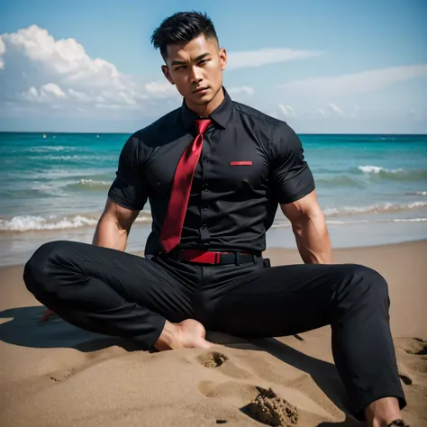 Age 37,One Man,、 muscular、Asian handsome man。 black shirt ,Red tie、black slim pants、 short perm hair　 undercut、sea、On the beach、In combat、　 black shirt、Red tie、black slim pants　View from below　 legs　sit、handgun gear 、 cool battle pose 　 upper body lift wit...