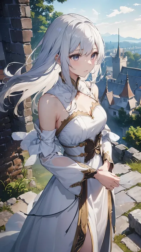 (( top quality 、 complete anatomy、Five fingers、Full Arms、 Details)),woman,(((日本人woman、Alone, slightly brownish white hair 、Hair that goes up to the shoulders 、 Fantasy Outfit 、royal dress 、Thin dress、 White Dress 、Melancholic face、高台にいるwoman、 Ruined Town、A...