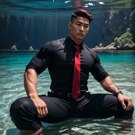 Age 37,One Man,、 muscular、Asian handsome man。 black shirt ,Red tie、black slim pants、 short perm hair　 undercut、sea、Above shallow water、In combat、　 black shirt、Red tie、black slim pants　View from below　 legs　sit、handgun gear 、 cool battle pose 　 upper body l...