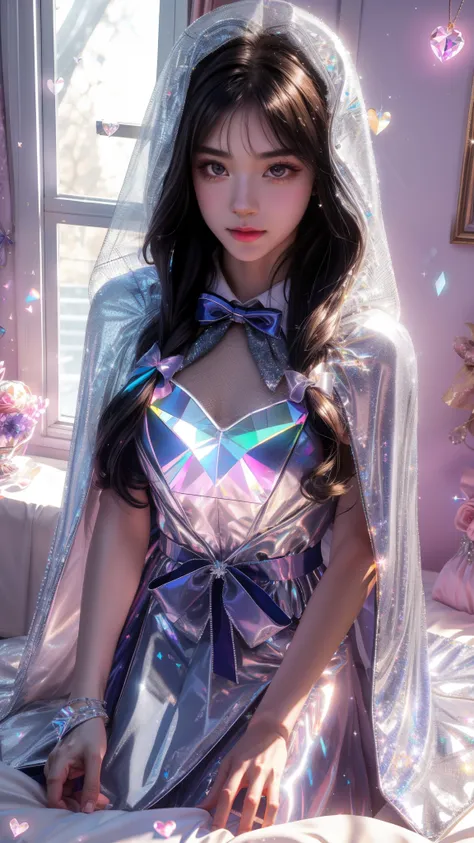 4K, UHD, masterpiece, Best quality, 1 girl, detailed face, detailed eyes, realistic Eyelid, Kda, Alone, very Long hair, small breasts, (silver sparkle ribbon), ((mesh ribbon)), ((ribbon cape)), in the bedroom, looking at viewer, Multicolored glowing crysta...