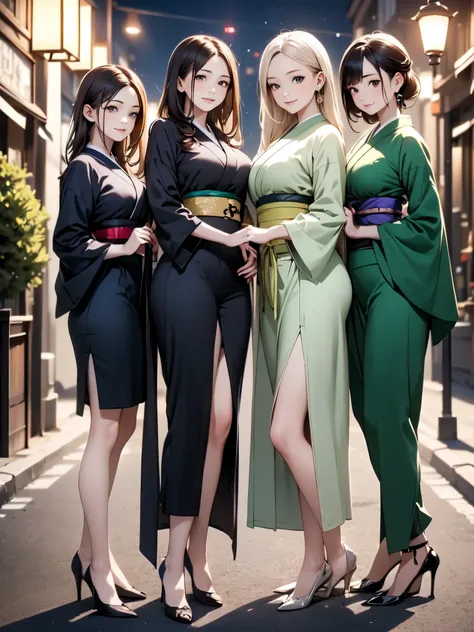 (masterpiece:1.3),(best quality, highest quality),((Including face)),5girls,Standing position,4K,((Focus on the face)),((Symmetrical facial features)),Beautiful woman, slender, Beautiful feet, ((High heels)), Detailed depiction of the face,(Green kimono, T...