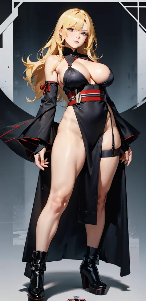 full body，whole body，Darth Vader，Darth Vader， tattered kimono ，Big back hair，blond，Boots，belt，Gloves，， woman standing on a platform in the center of the city ， Sexy Body，big natural breasts，fleshy thighs，busty body，perfect body，Model，focus on the Models fi...