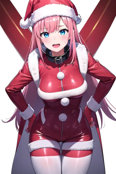 1girl,Samus aran,solo,blue eyes, pink hair, forehead hair, Bright red body suit, white fur-trimmed cuffs and collar, blue tights, white fur coat, red Santa hat, snowy village background, cheerful smile, hands on hips, slightly bent knees,(cowboy shot:1.2),...