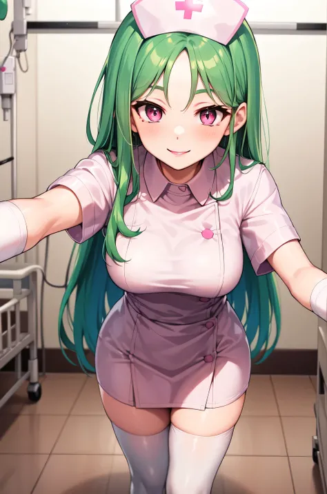 1woman, solo, nurse, white nurse cap, white nurse uniform, ((white legwear, zettai ryouiki)), white gloves, forehead, long hair, green hair, pink eyes, pink lips, smile, standing, ((hospital room)), sharp outline, short sleeves, mature female, 35yo, best q...