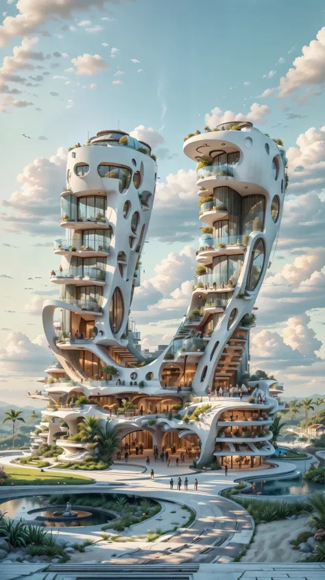 Building design , clean, realistic. cars, Hotel design, day light , outstanding, single tall building, blue sky. City and mountain at the background , people on walkways, gardens