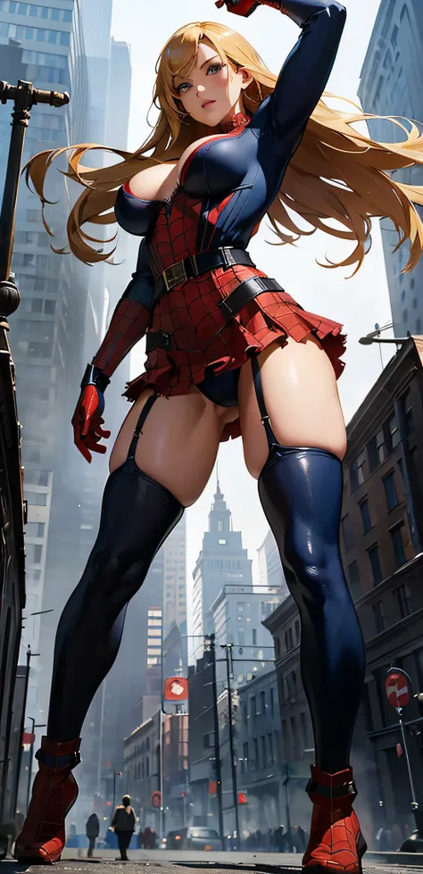 full body，whole body，spider-man， Spider-Man in Soviet military uniform，Tattered Soviet military uniform ，blond，Boots，belt，Gloves，， woman standing on a platform in the center of the city ， Sexy Body，big natural breasts，fleshy thighs，busty body，perfect body，...