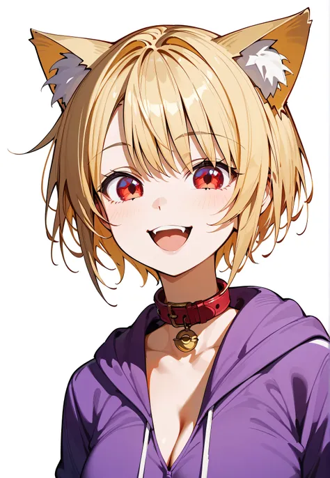 score_9,score_8_up,score_7_up,English,highest quality,detailed, 1 girl,  One Girl 、 bust up,alone、Blonde, short hair, short hair 、 cat ears the same color as the hair,golden cat ears
BREAK
red eyes, red eyes
BREAK
Black collar , purple hoodie , hotpants, w...